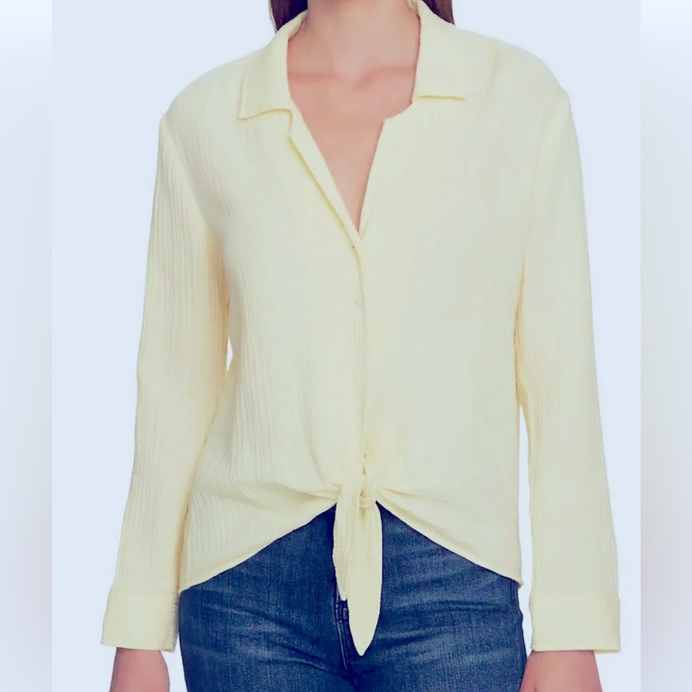 1. State| Long-Sleeve Button-Front Blouse | Tie Hem | Yellow | Size XL